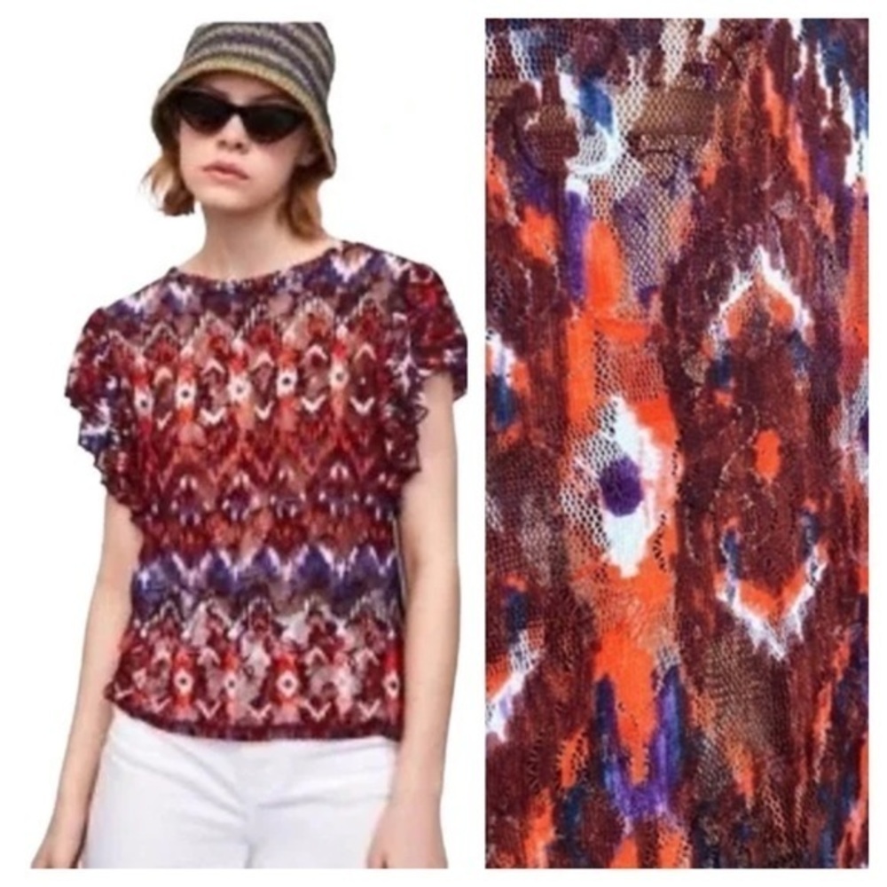 Zara Purple Orange Colorful Ikat Lace Semi Sheer Flutter Sleeve Top